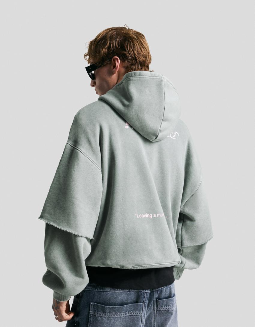Double-sleeve print hoodie-Grey-1