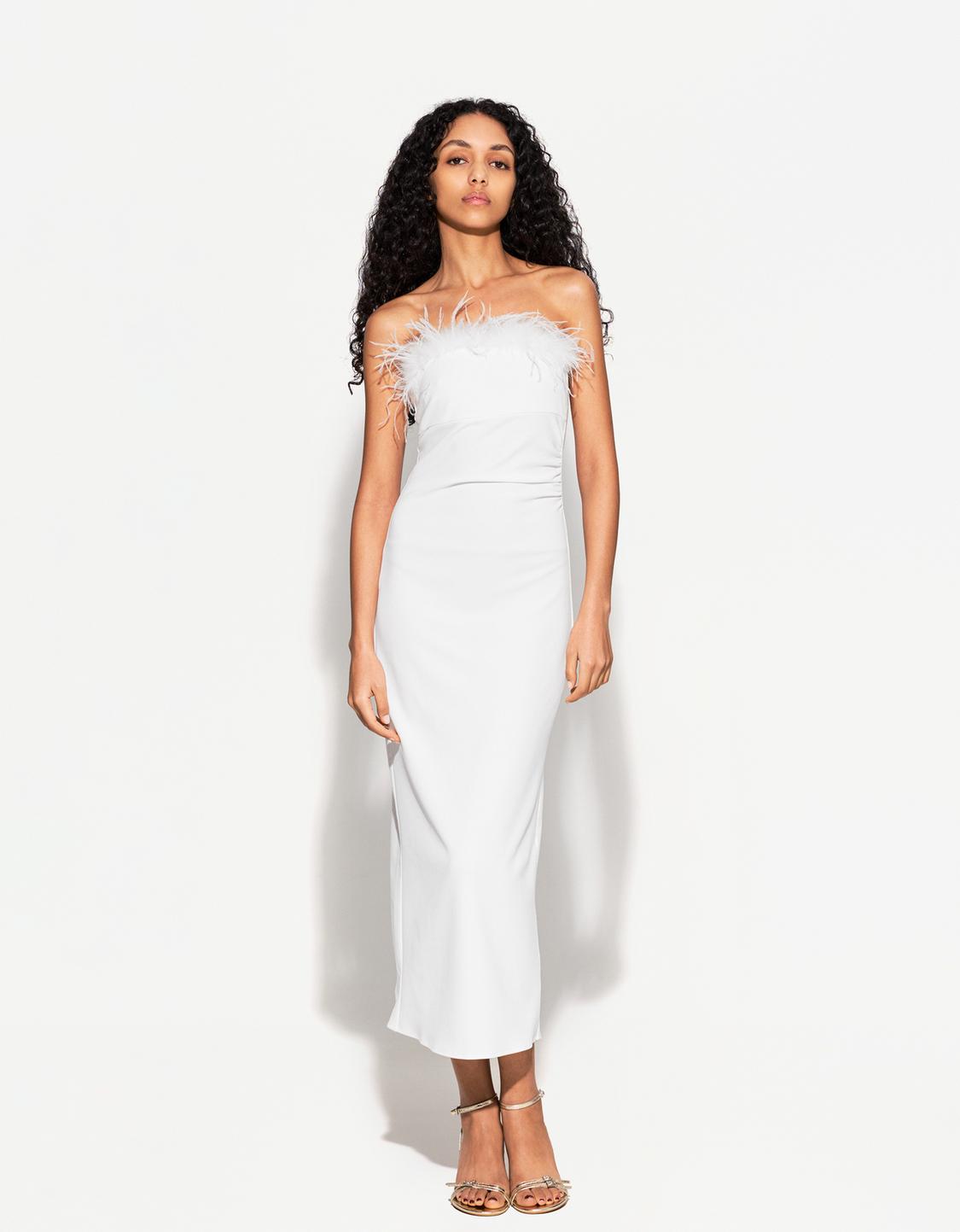 Bandeau neckline midi dress with feathers