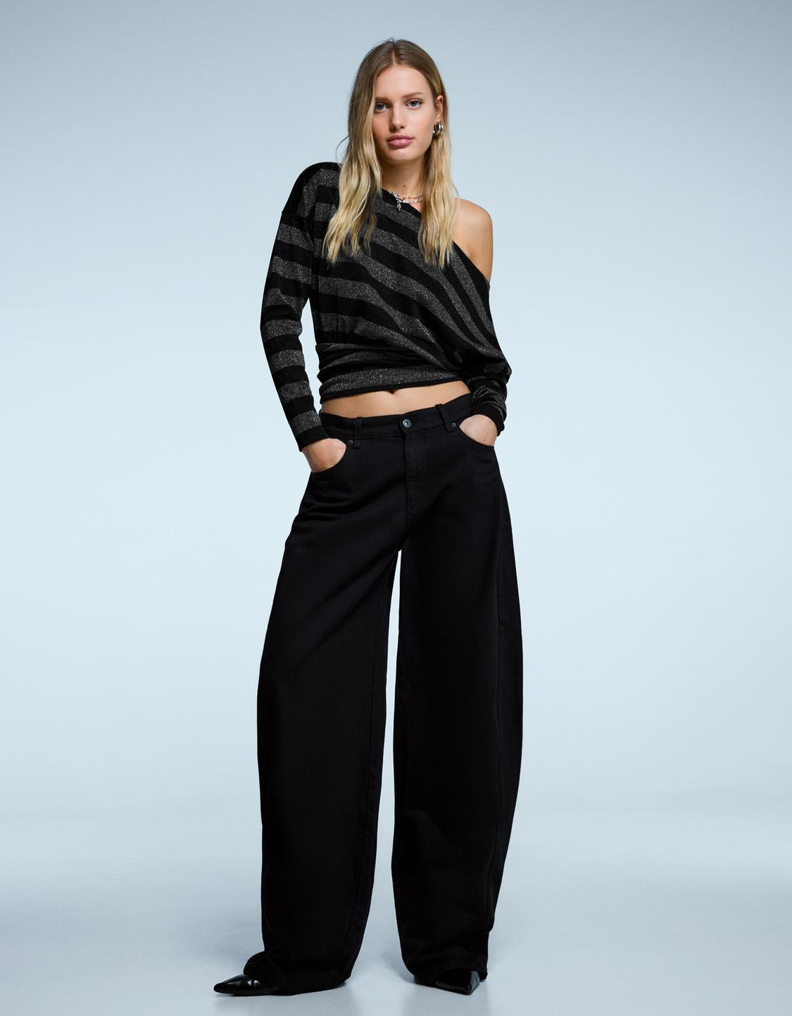 Shimmery asymmetric long sleeve stripe T-shirt