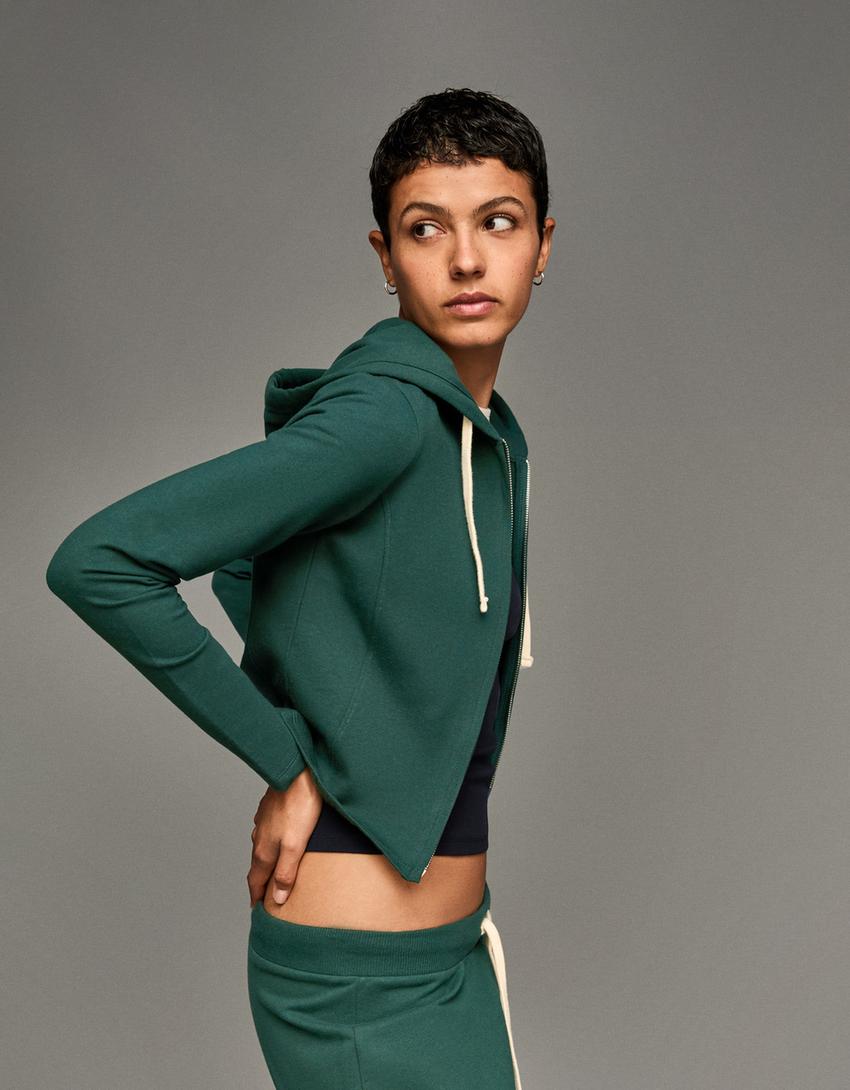 Sweatshirt com fecho de correr e capuz-Verde-2