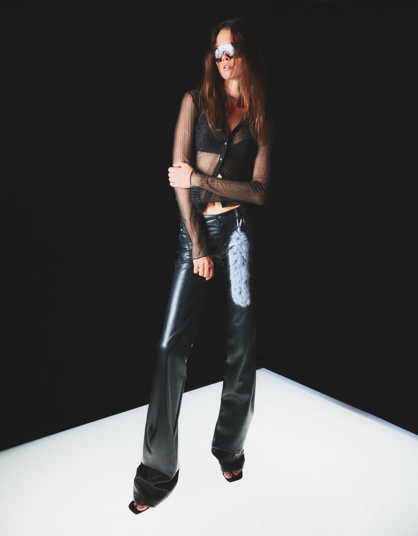 Long-sleeve tulle T-shirt with rhinestones-Black