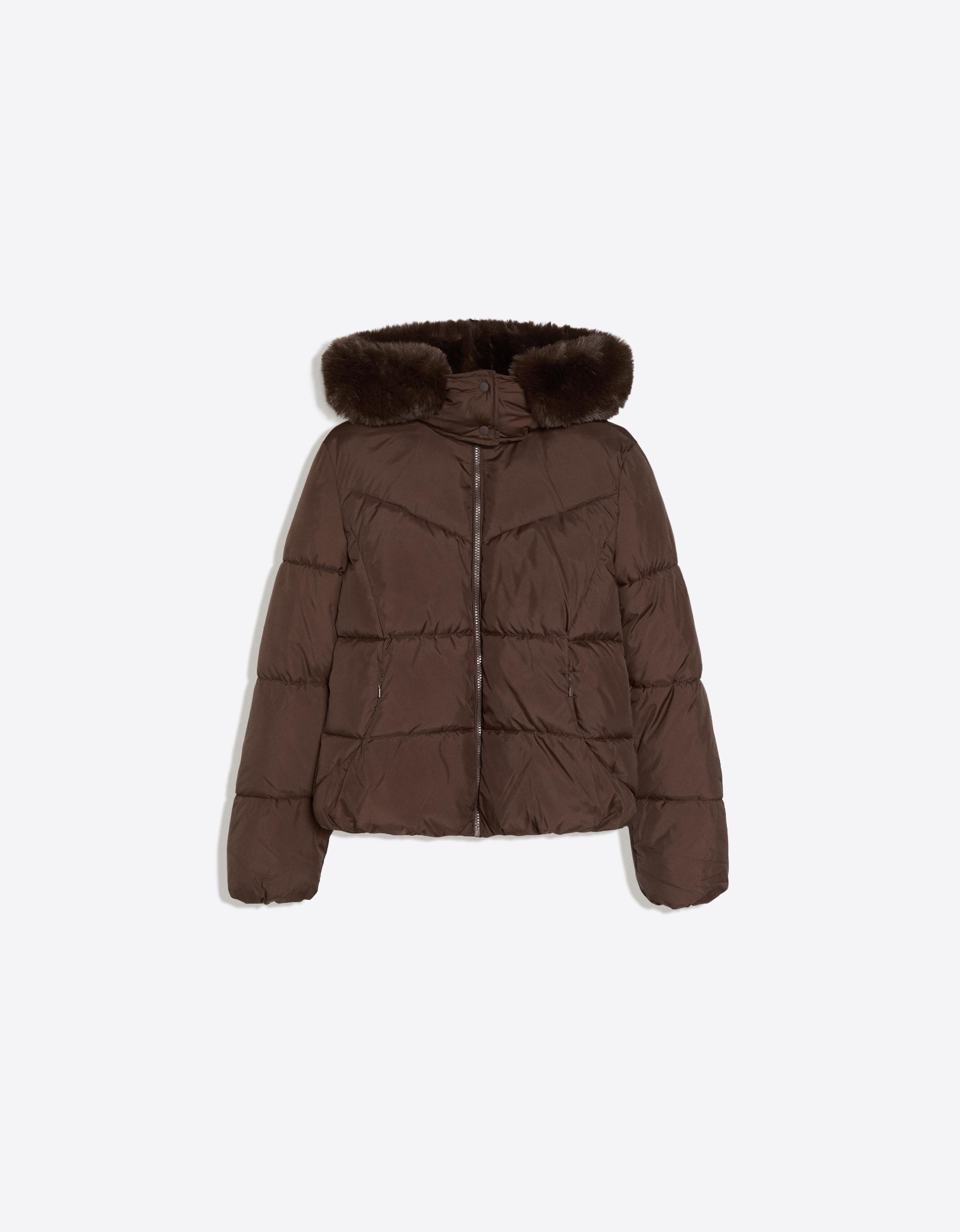 Bershka Cazadora Acolchada Capucha Pelo Mujer L Marrón