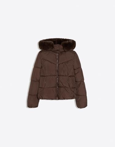 Puffer jacket with faux fur hood — Brown 5