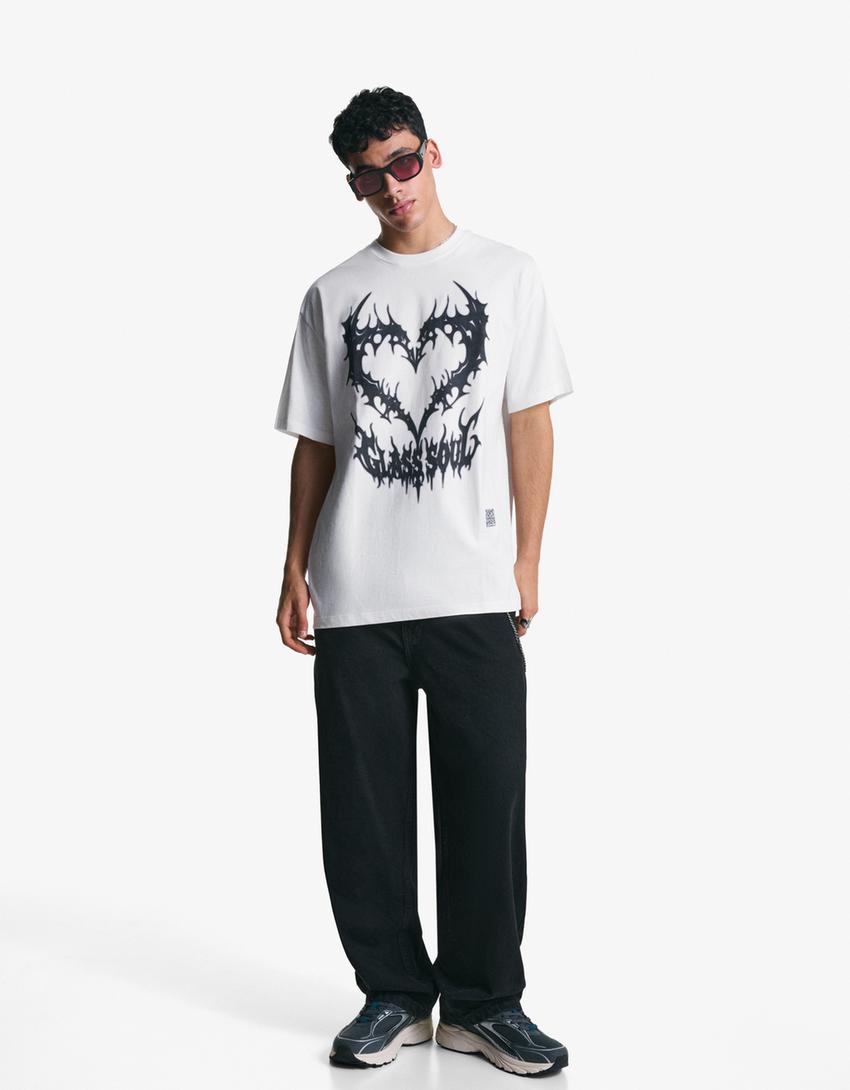 Kortärmad t-shirt med tryck-Vit-3