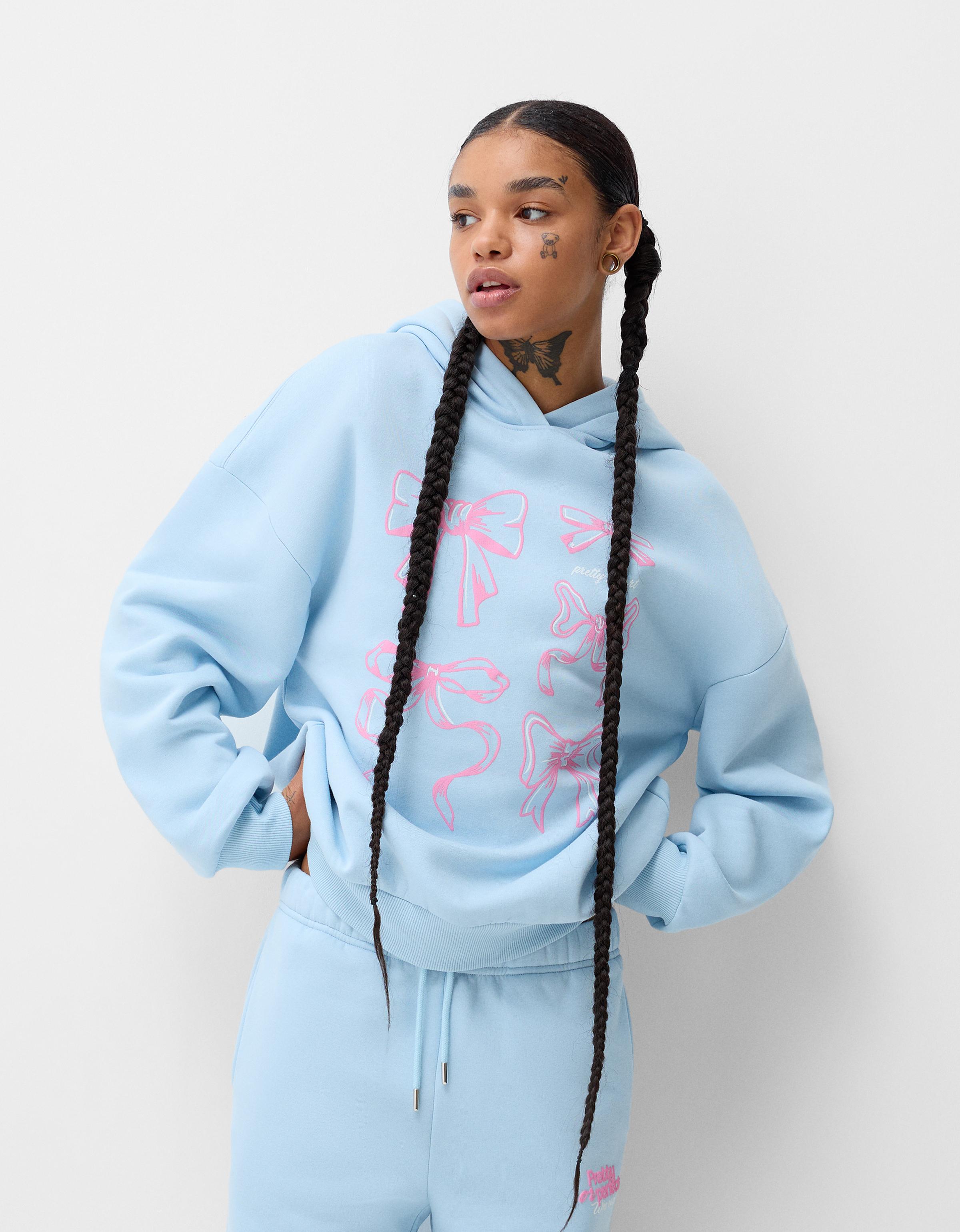 Bershka Hoodie Mit Print Damen L Hellblau