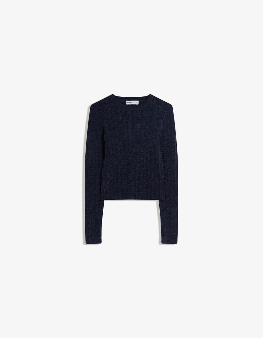 Pulover chenille model împletit-Albastru