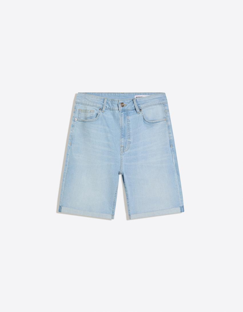Roll-up denim Bermuda shorts-Light blue