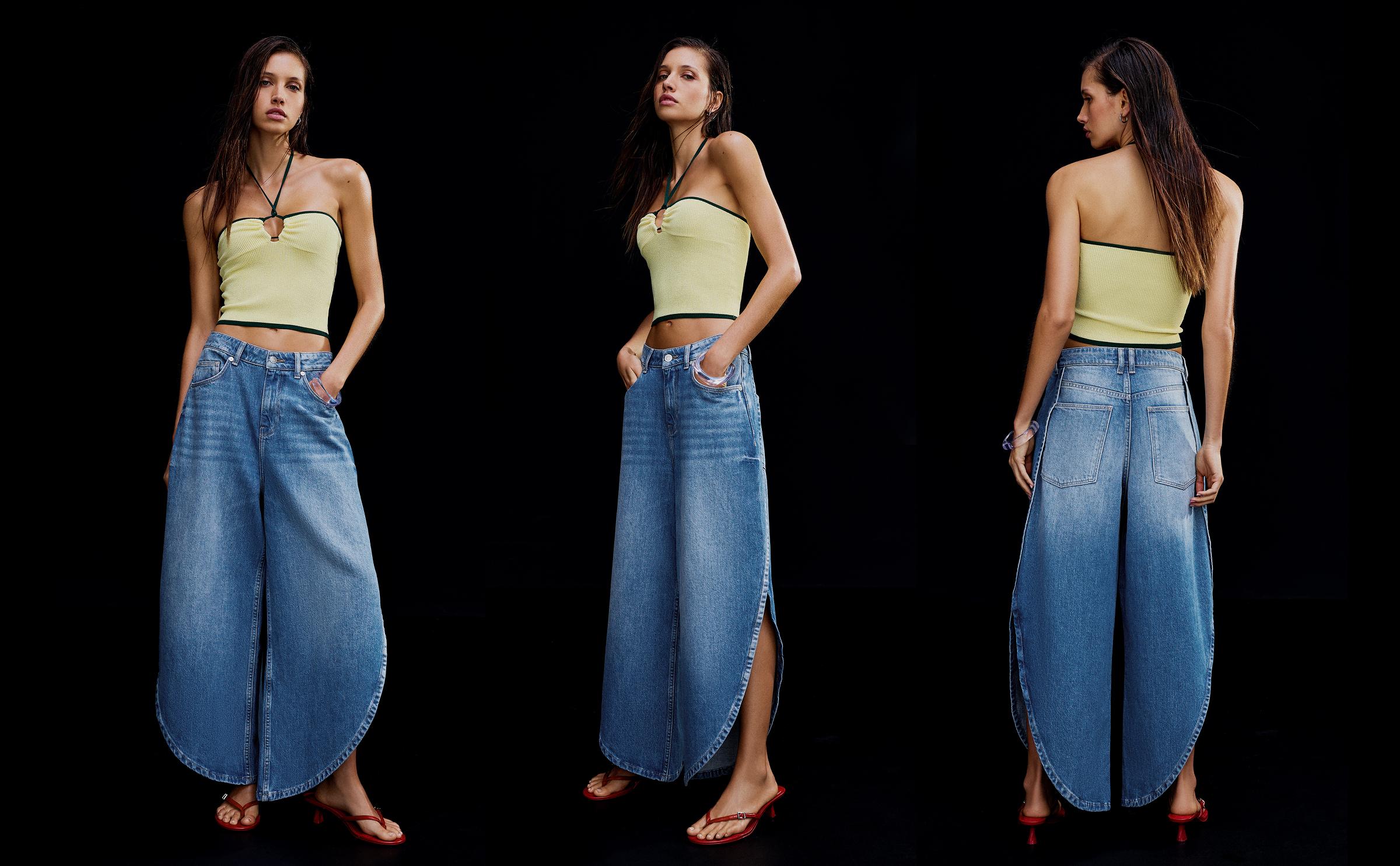 Wide-leg jeans with side split — Light blue