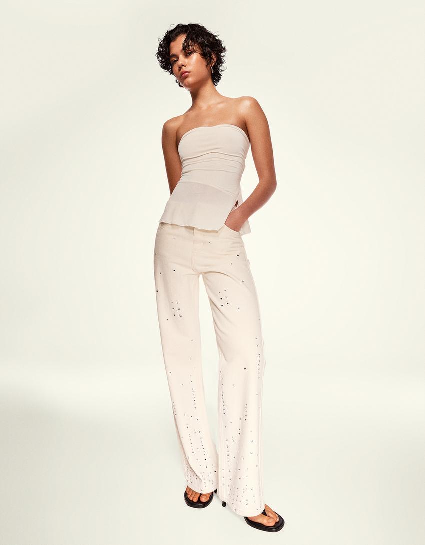 Wide-Leg-Jeans im Straight-Fit mit Glitzer-Rohweiß-2
