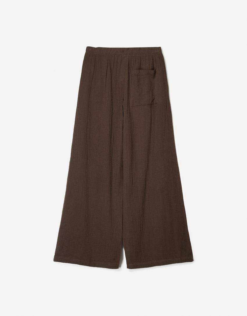Pantalon wide leg rustique double cloth-Marron