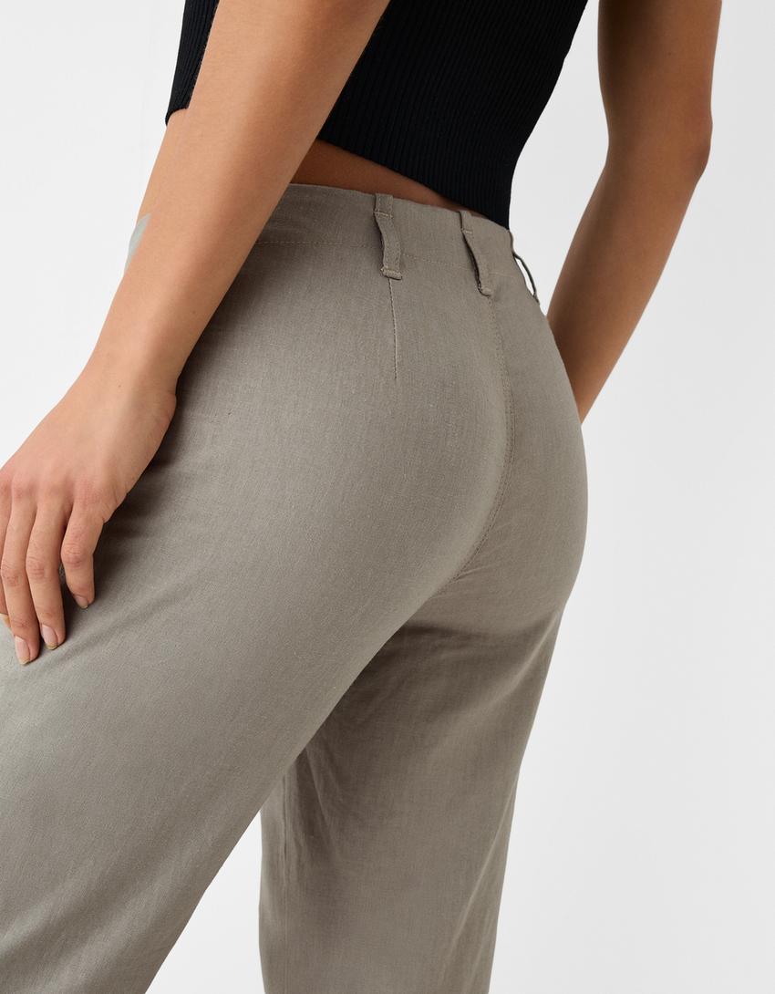 Flared trousers with linen-Khaki-5