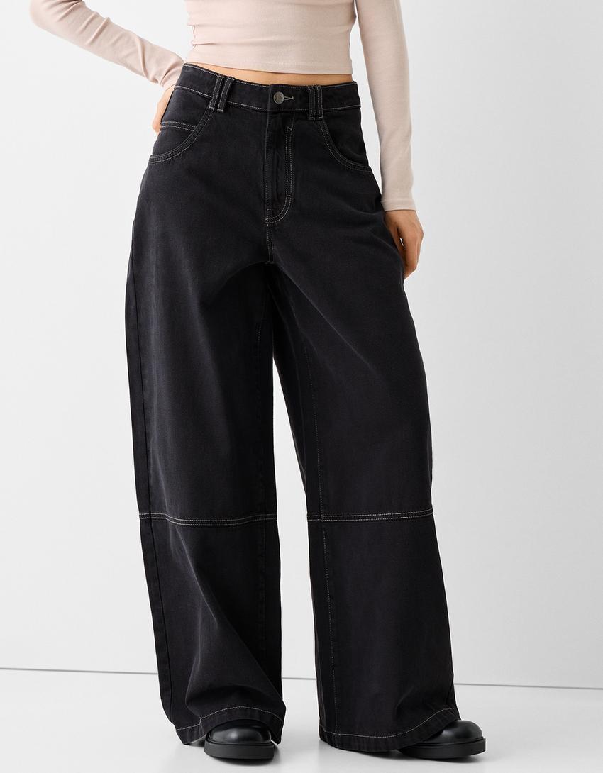 Wide-leg skater-fit twill trousers-Grey-1