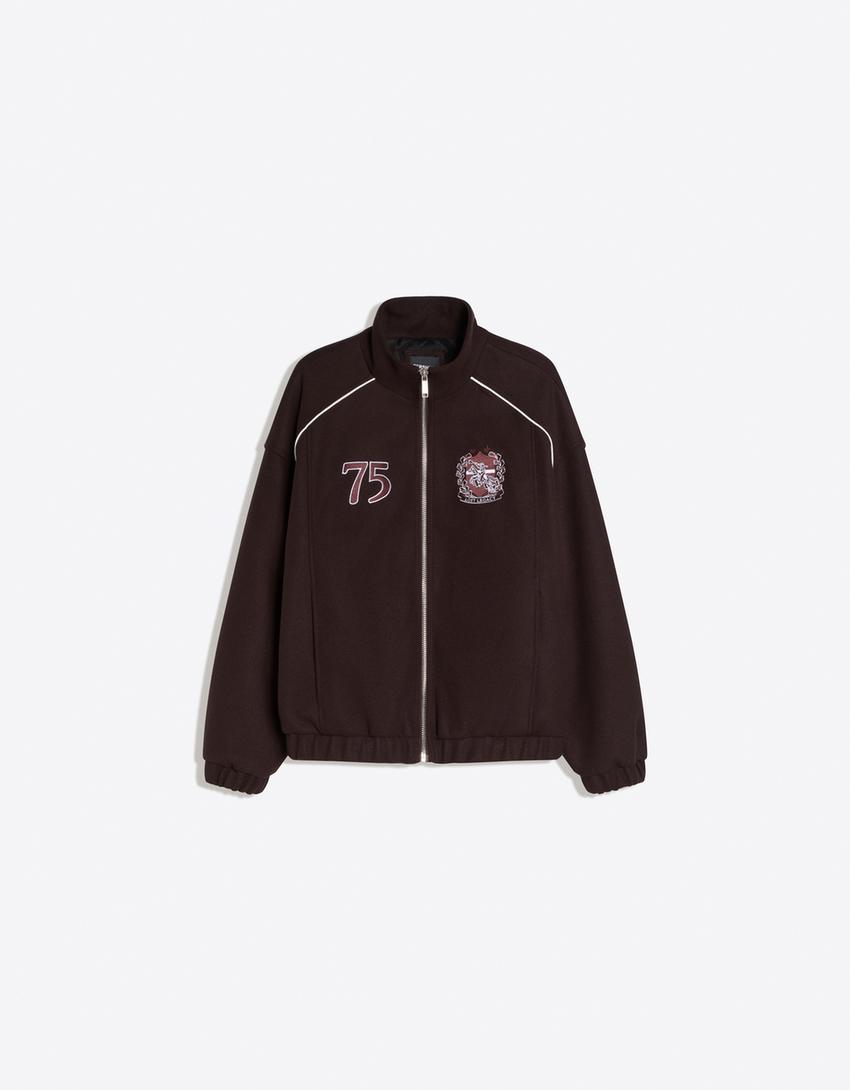 Felt texture jacket with patch-Brown