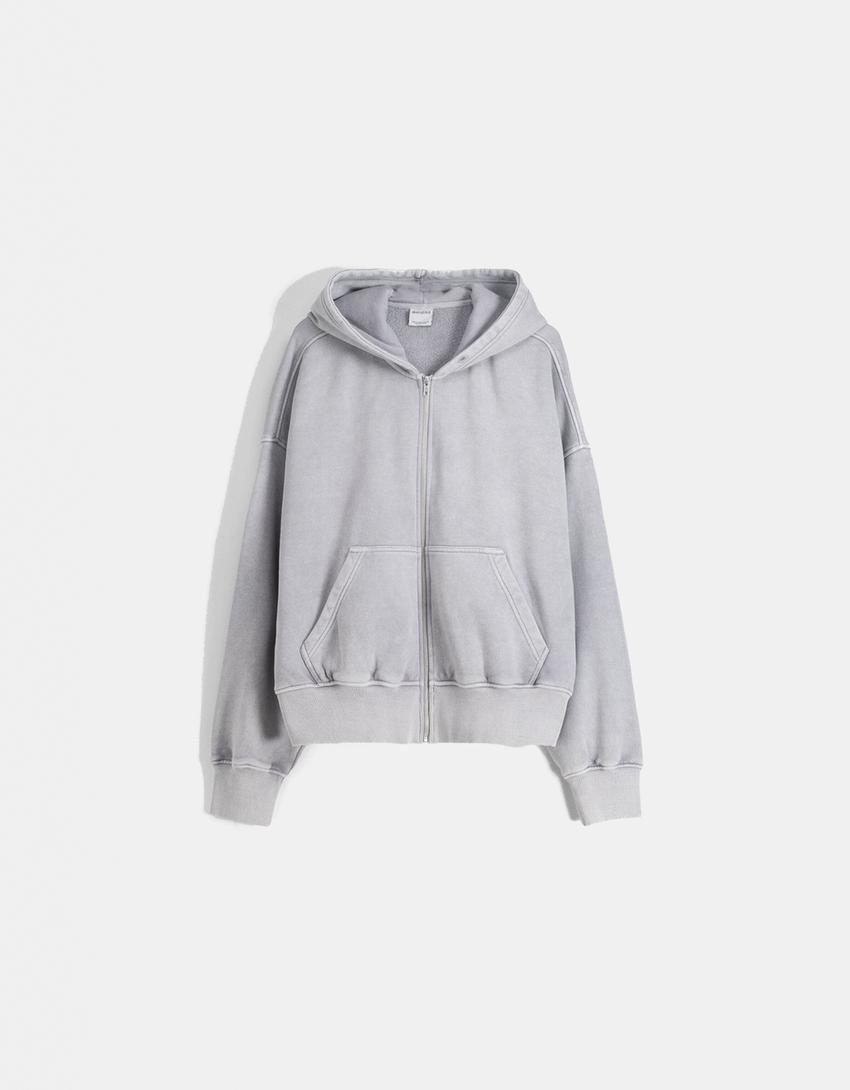 Sudadera cremallera capucha cropped efecto lavado-Gris-4