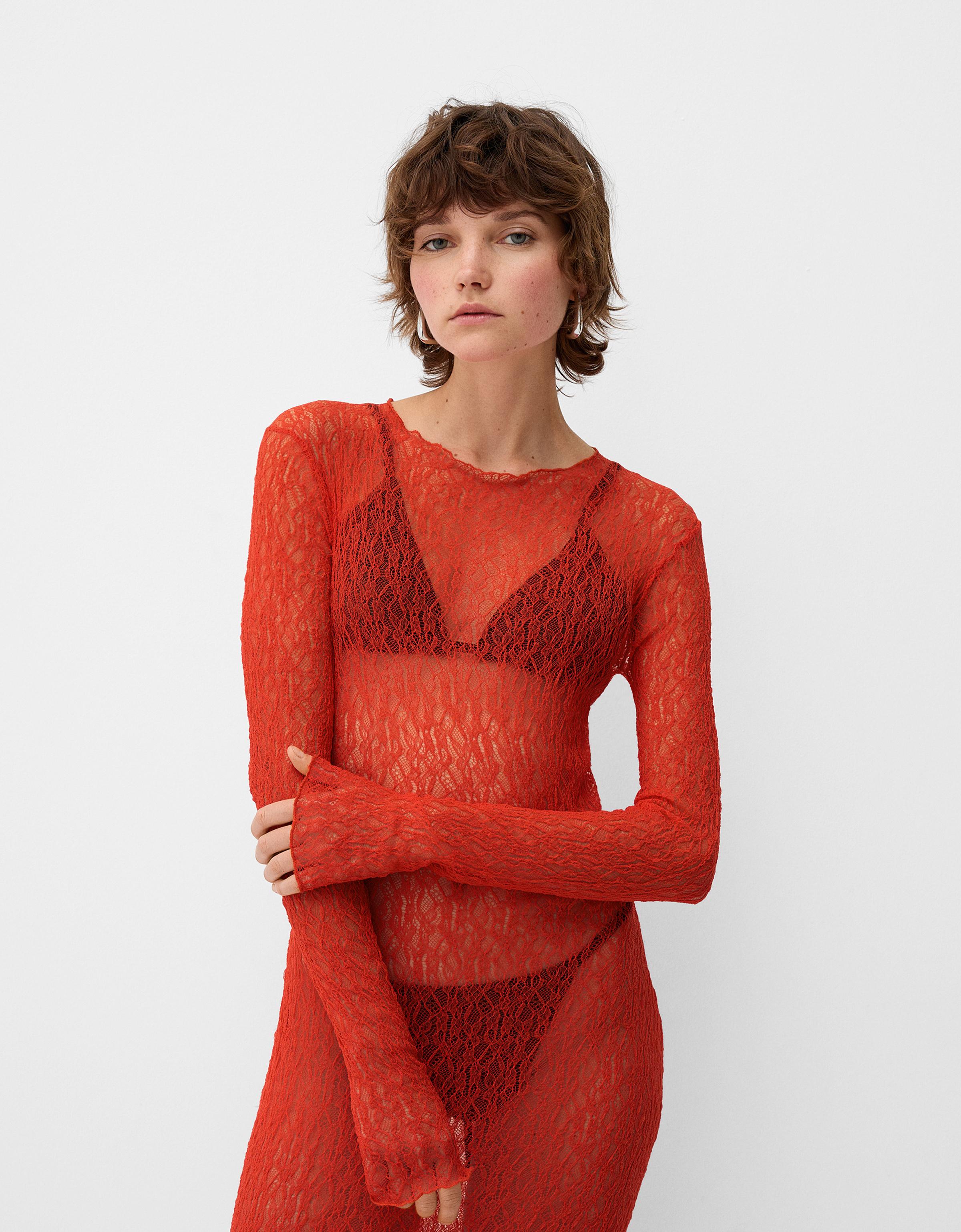 Bershka Kleid Mit Spitzenkante Und Stehkragen Damen Xs Rot