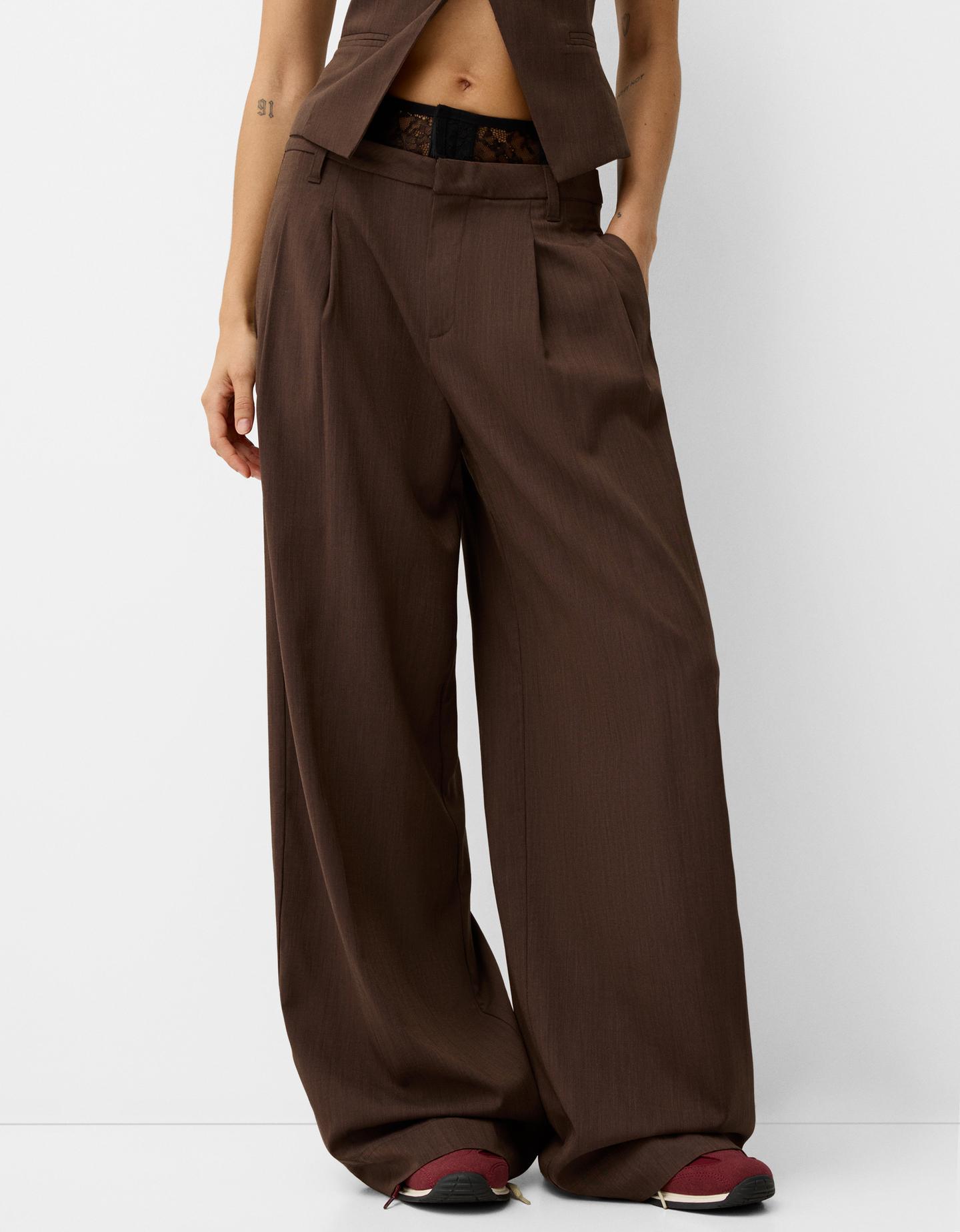 Bershka Pantalón Volumen Tailoring Mujer 32 Marrón