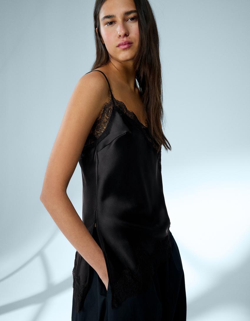 Asimetrik dantelli saten askılı top-Siyah