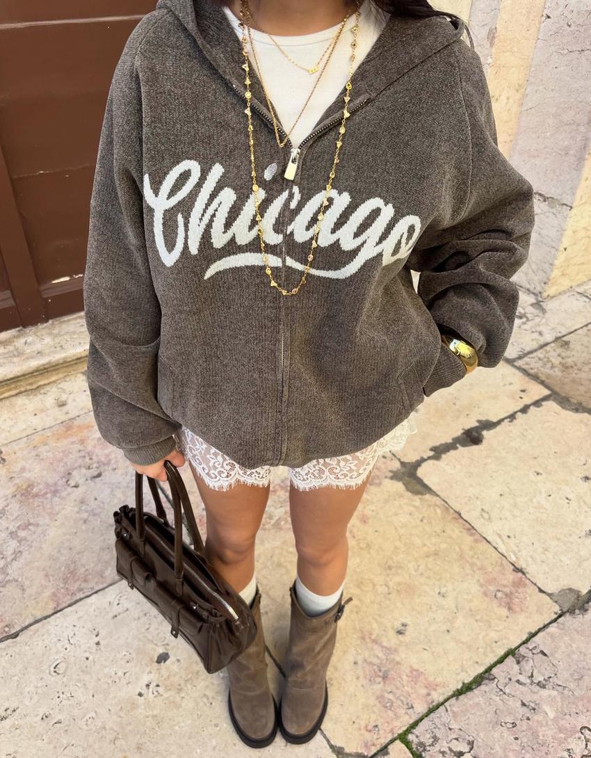 Baskılı şönil kapüşonlu fermuarlı sweatshirt-Gri