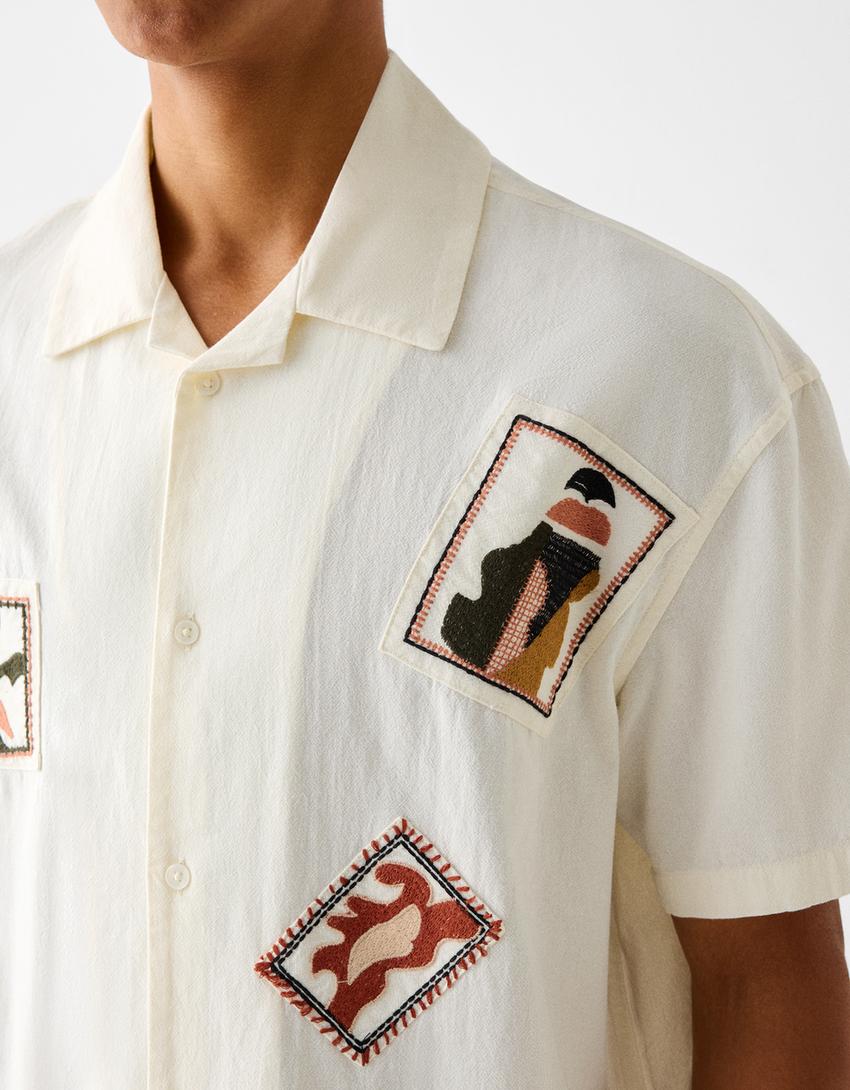 İşlemeli kısa kollu gömlek-Krem-5