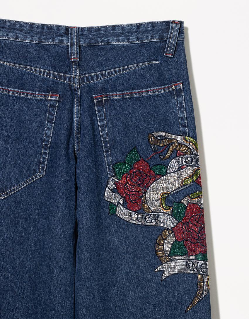 Tattoo rhinestone boyfriend jeans-Blue-2