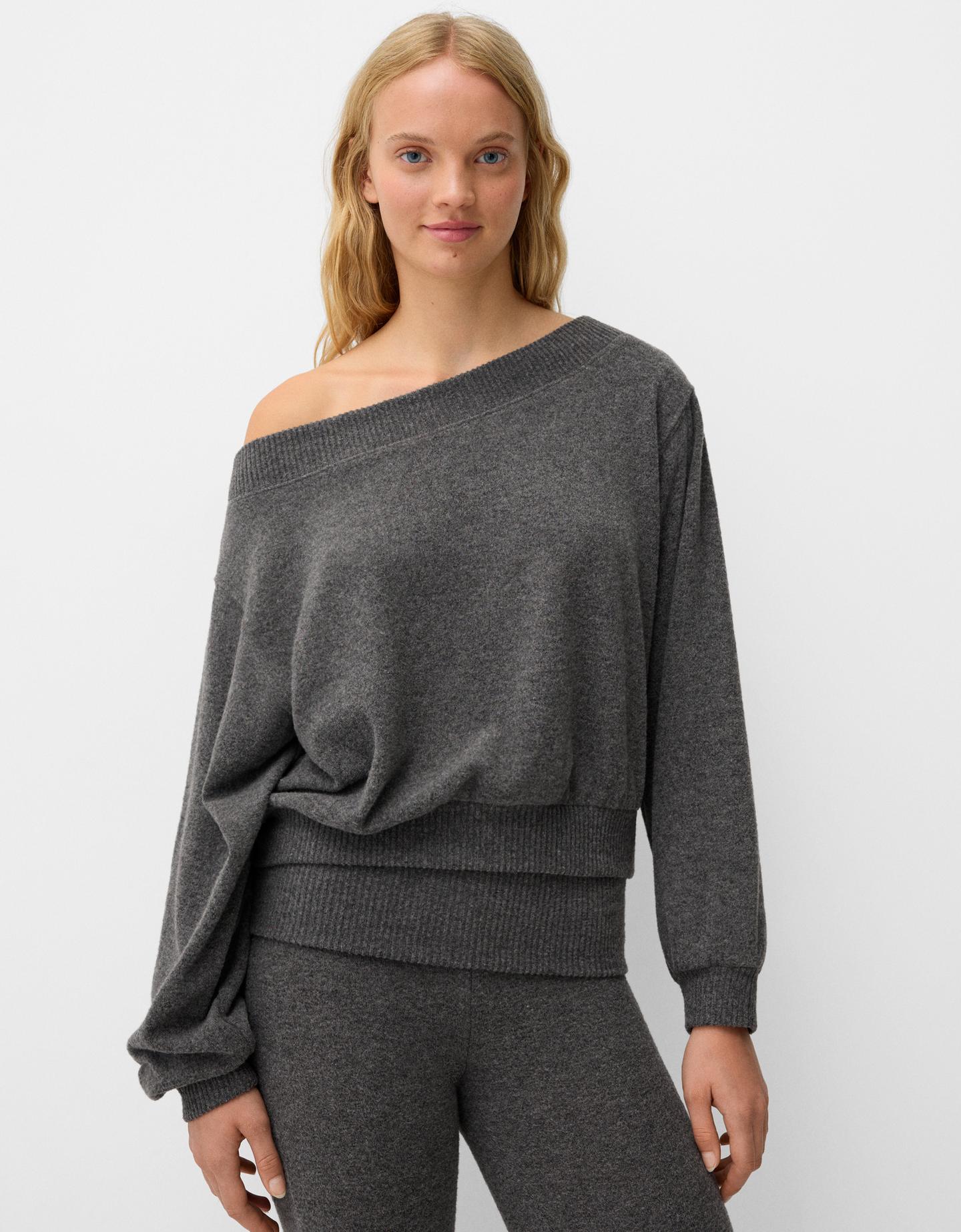 Bershka Jersey Asimétrico Soft Touch Mujer Xs Gris Oscuro