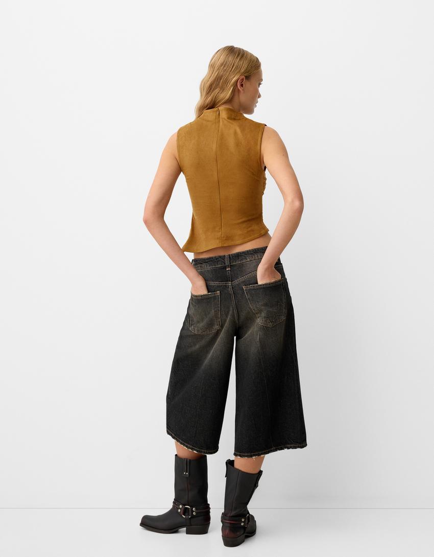 Asymmetric draped leather effect top-Brown-1