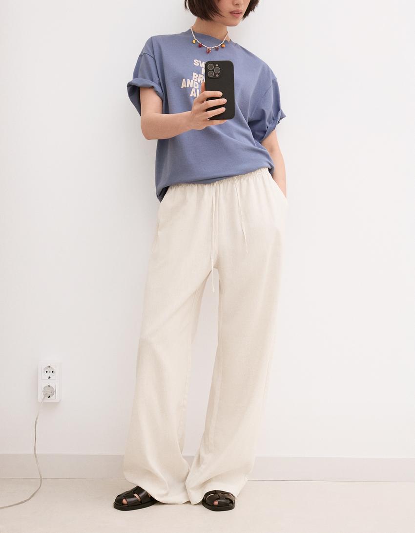 Linen blend trousers with an elasticated waistband-Sand