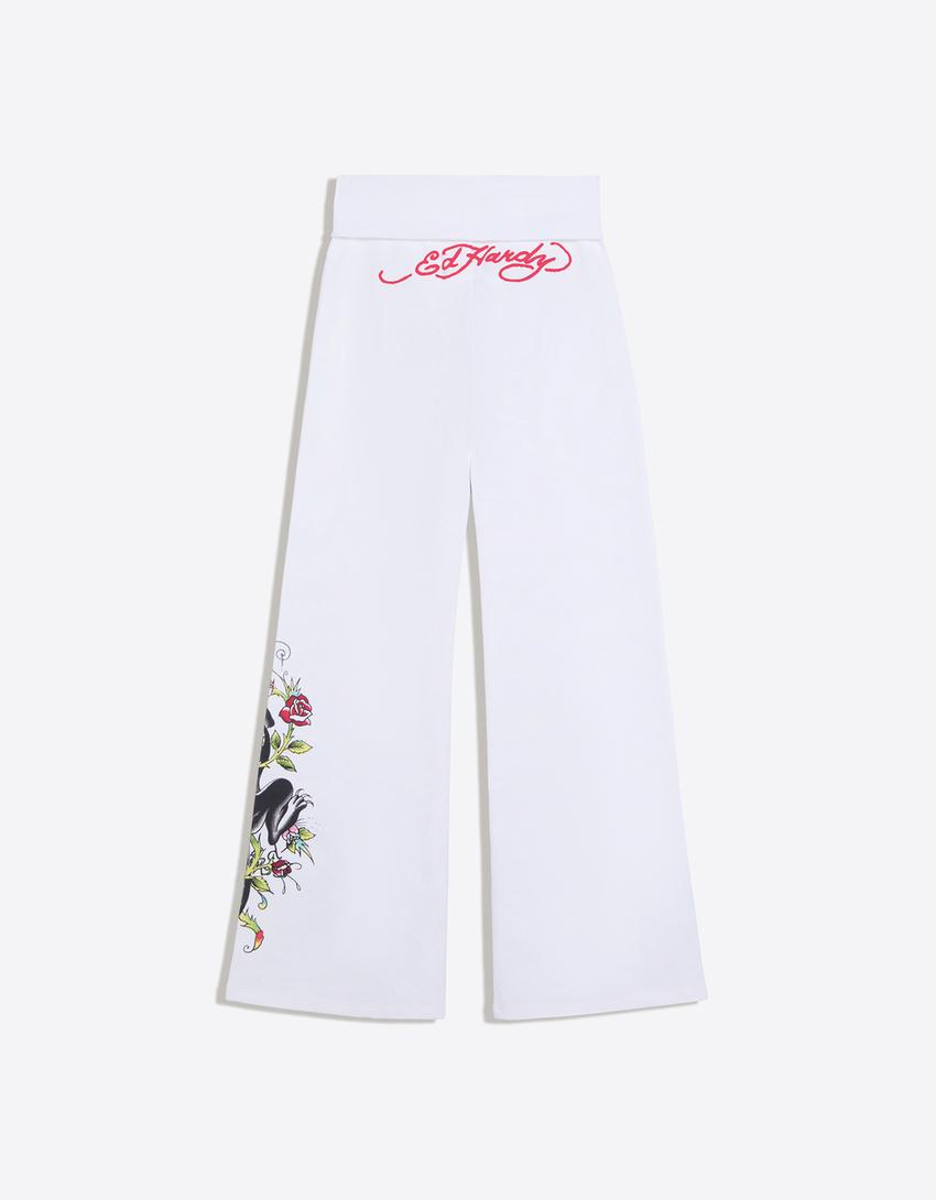 Pantalón flare ED HARDY X BERSHKA-Blanco roto