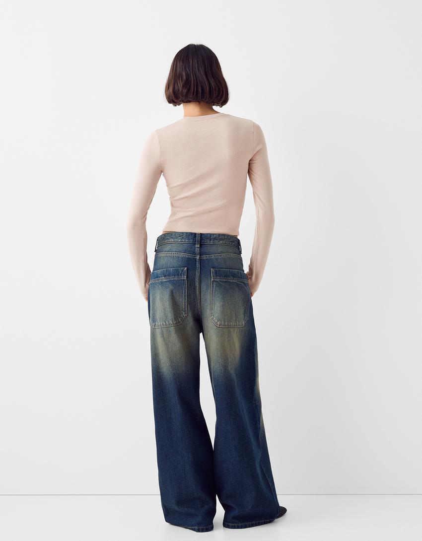 Uzun kollu bisiklet yaka t-shirt-Kum rengi-1