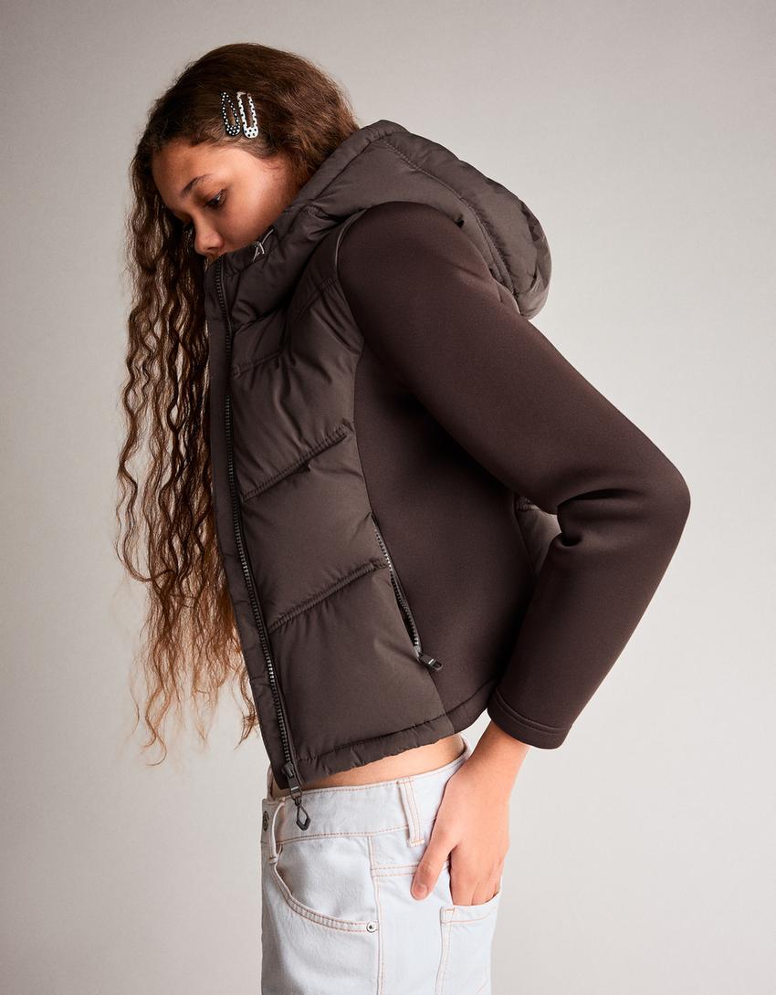 جاكيت بغطاء رأس مدمج بتأثير النيوبرين-بني