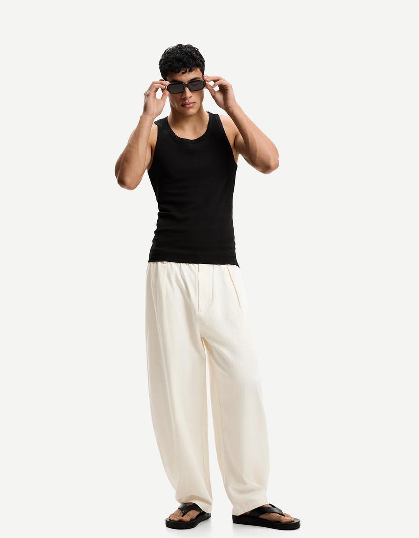 Tailored fit linen blend baggy trousers-Off white
