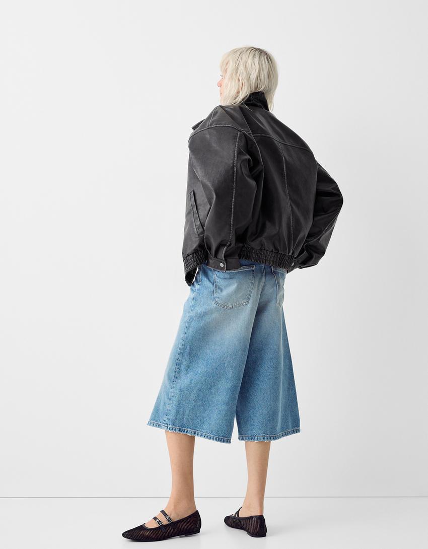 Blouson oversize similicuir effet usé-Noir-1