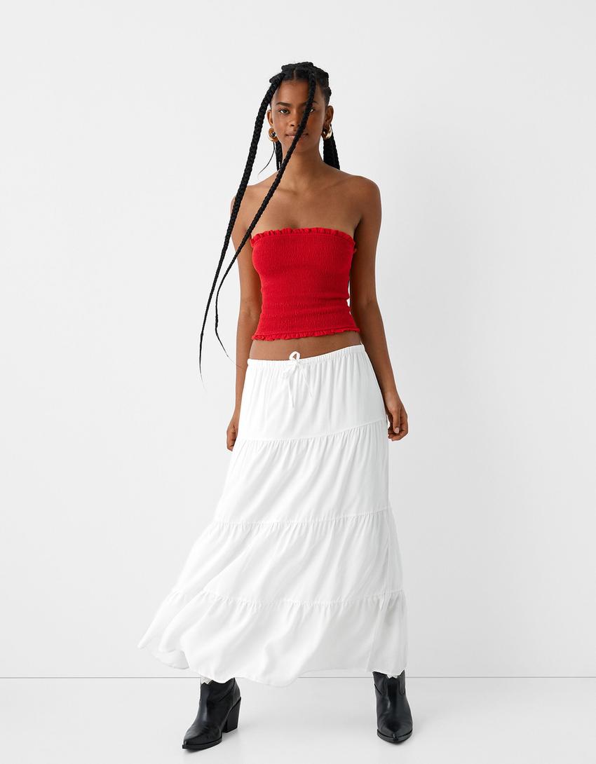 Midi skirt with elastic waist-White-3