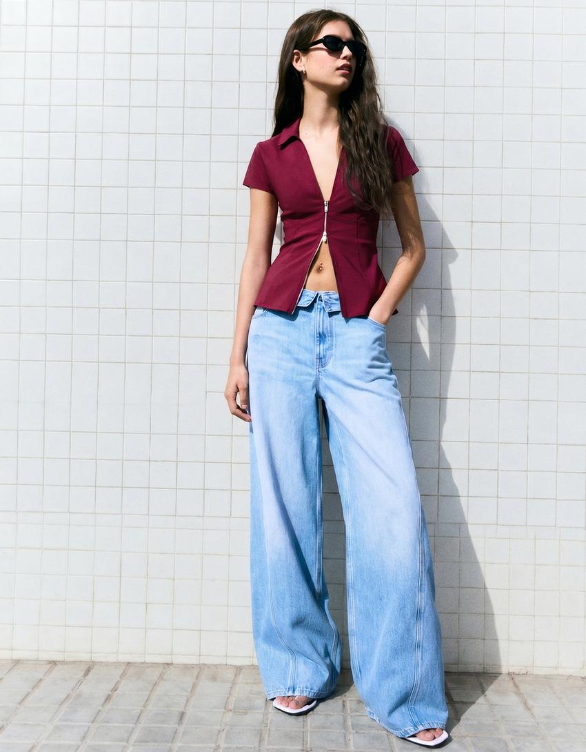 Short sleeve zip shirt-Maroon