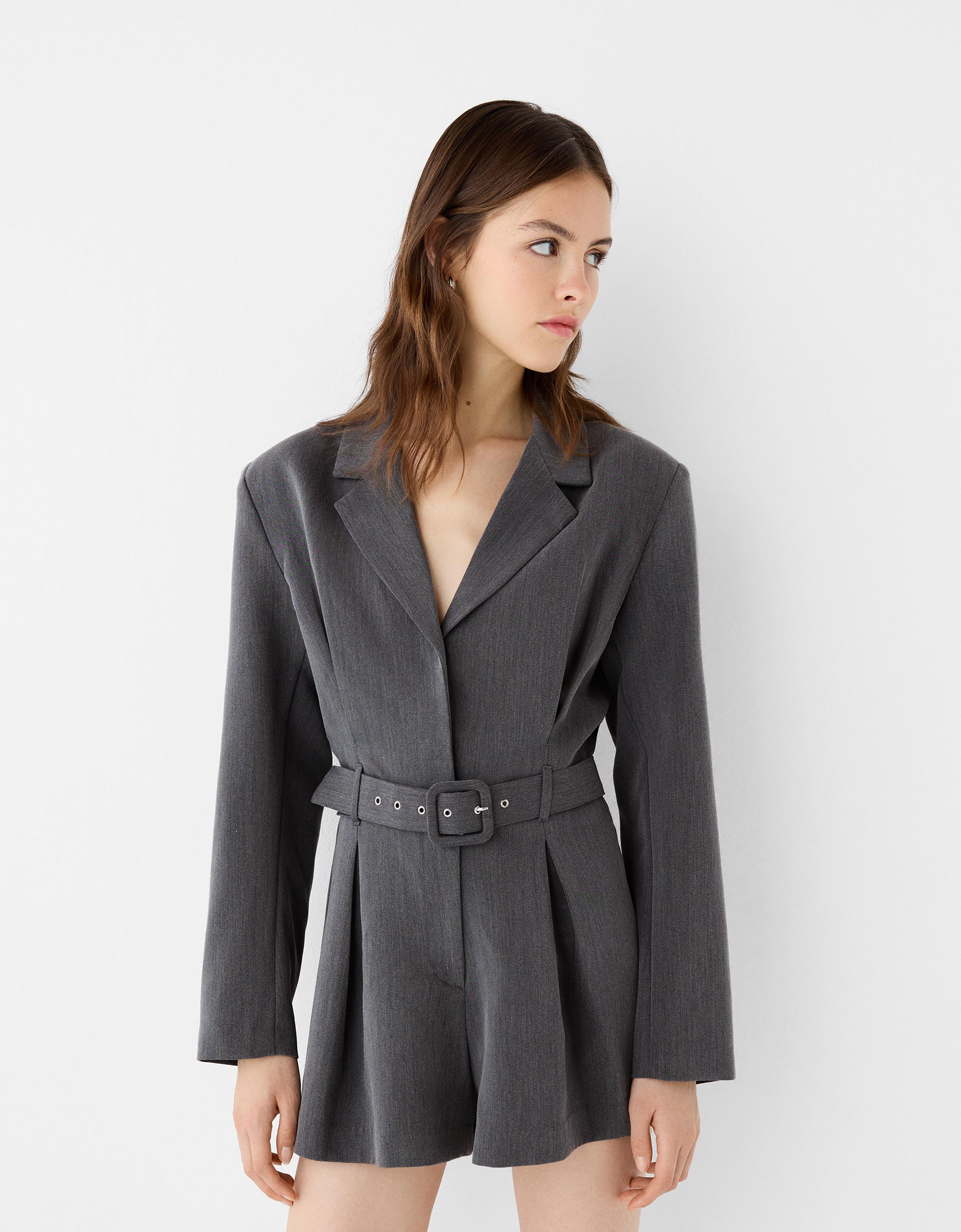 Bershka Kurzer, Tailored Oversize-Jumpsuit Mit Gürtel Damen M Grau