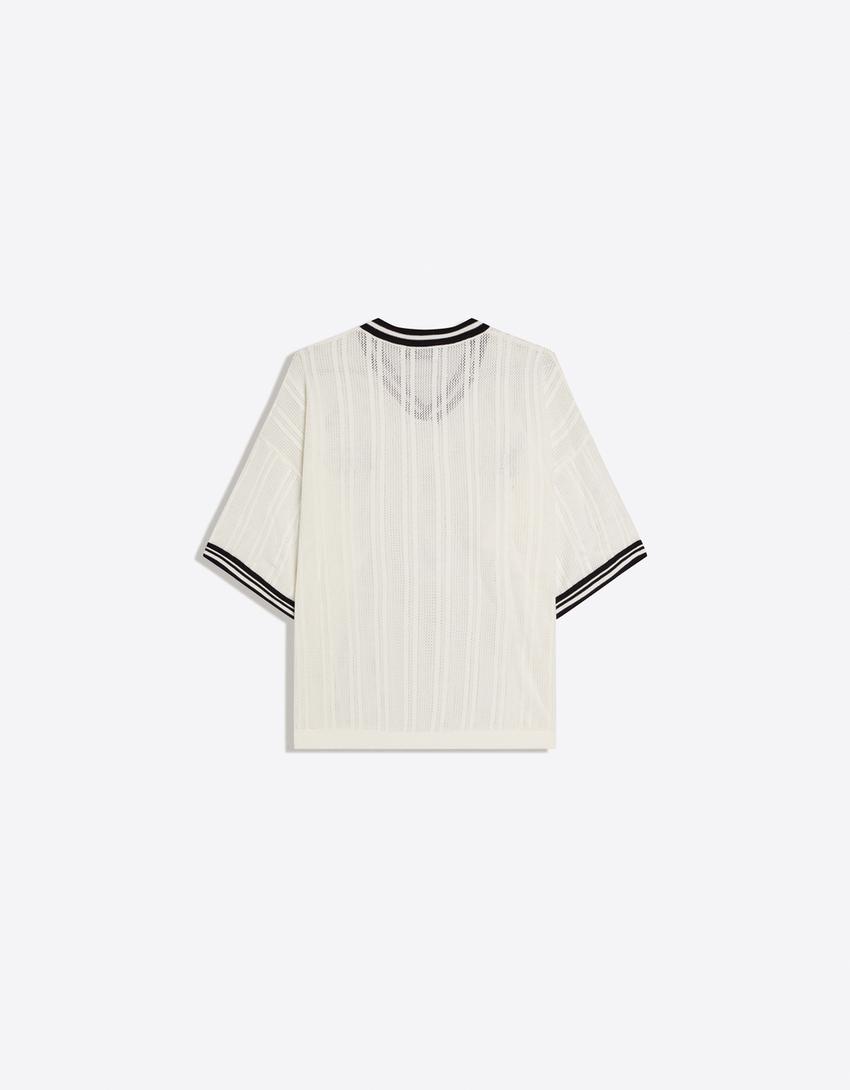 T-shirt col en V style rétro-rétro sport-Blanc cassé