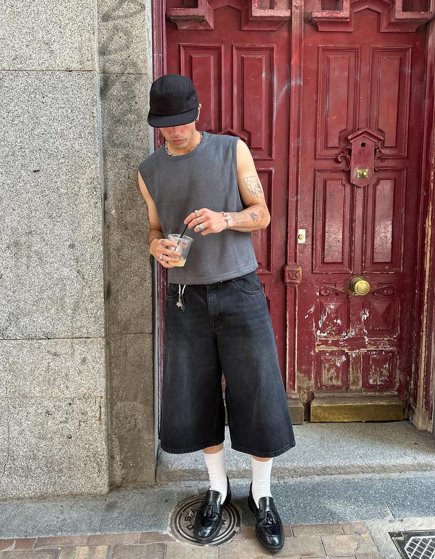Calções bermuda denim baggy-Preto