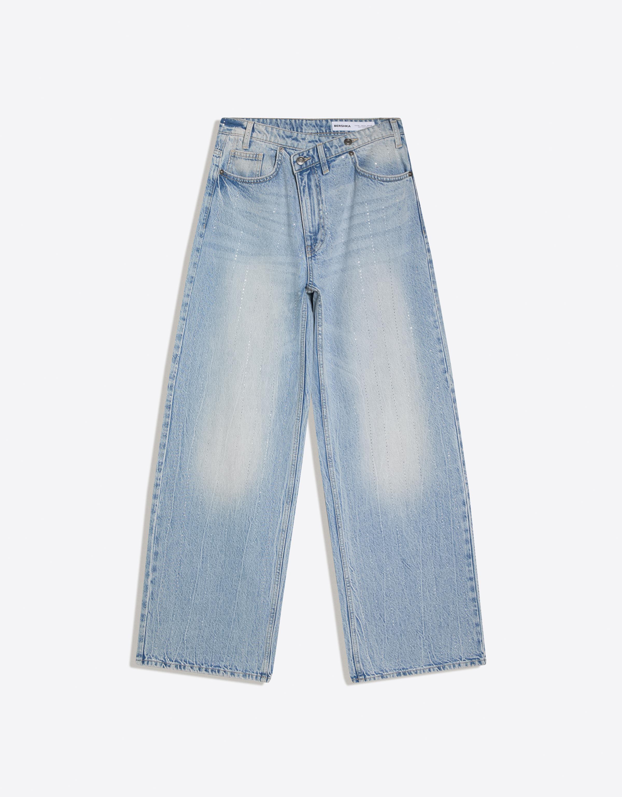 Shimmery wide-leg jeans with crossover waist — Light blue