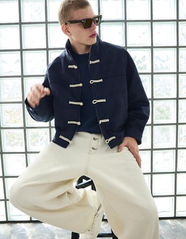 Faux suede jacket with clasps — Dark blue 1