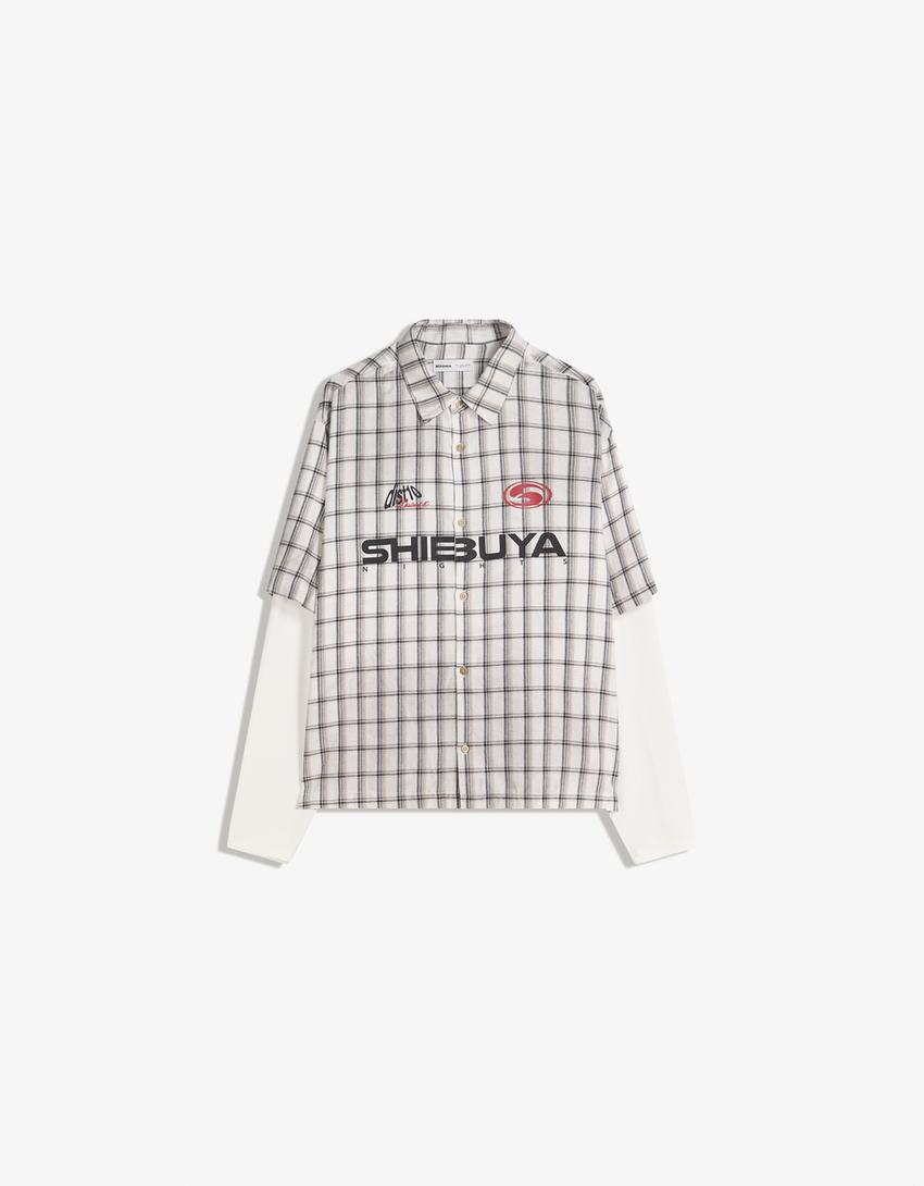 Camisa doble manga boxy cuadros-Gris