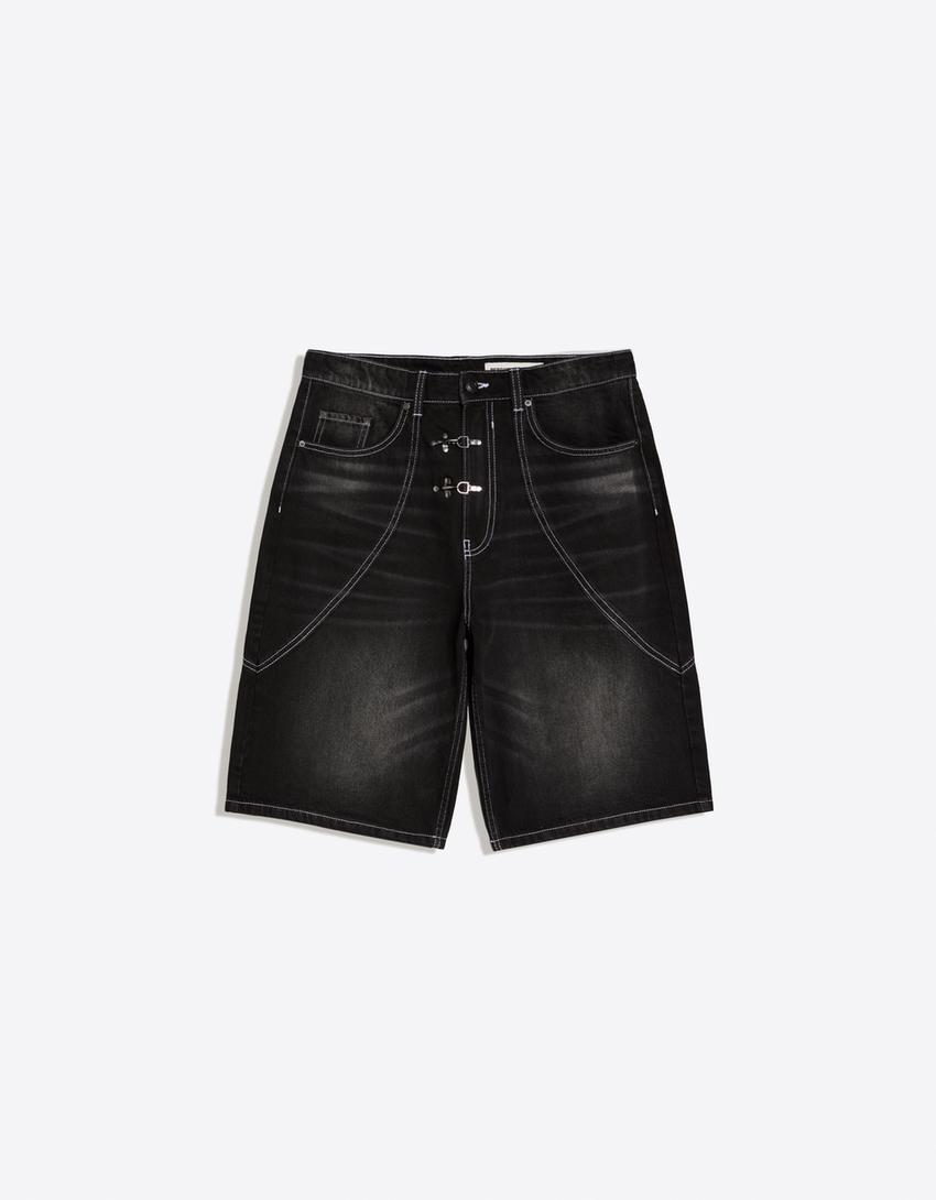 Süslü düğmeli baggy fit denim bermuda-Siyah