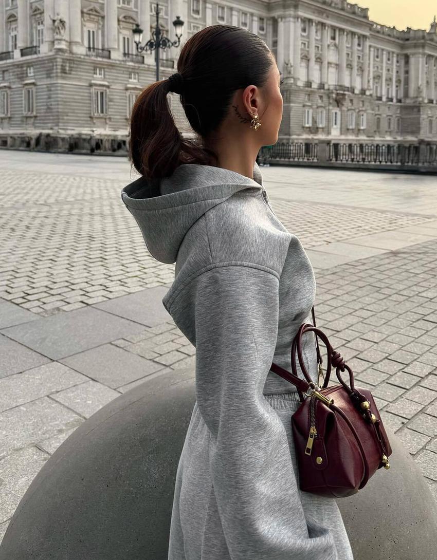 Kapüşonlu fermuarlı yüksek bel sweatshirt-Gri