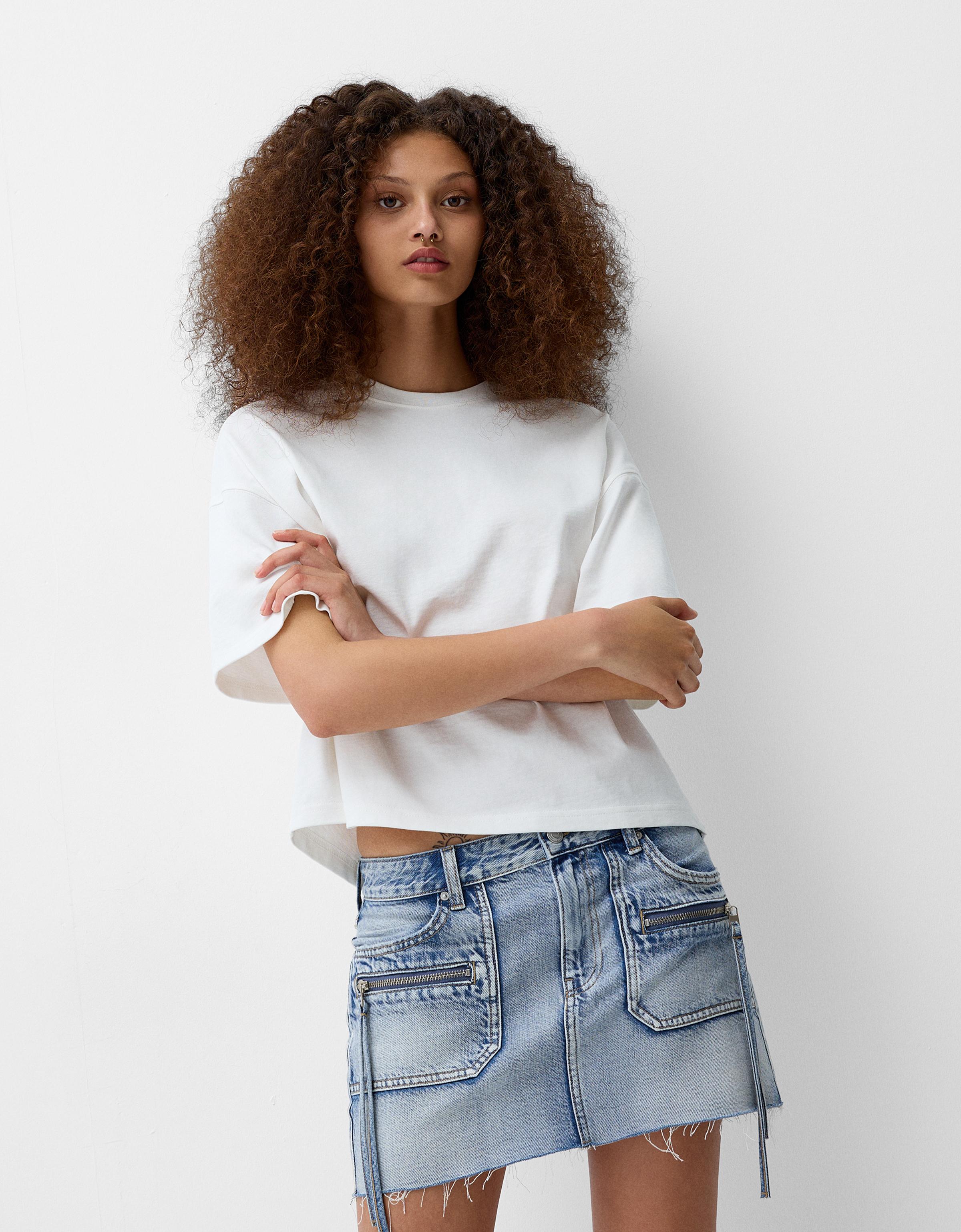 Bershka Mini-Denimrock Mit Bändern Damen 34 Ausgewaschenes Blau