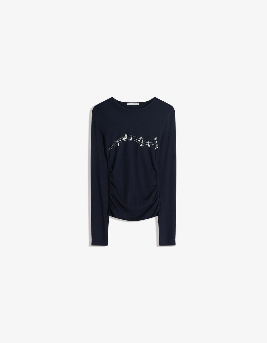 T-shirt à manches longues froncé imprimé-Marine