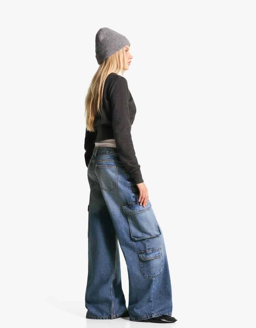 Jeans wide leg cargo-Azul lavado