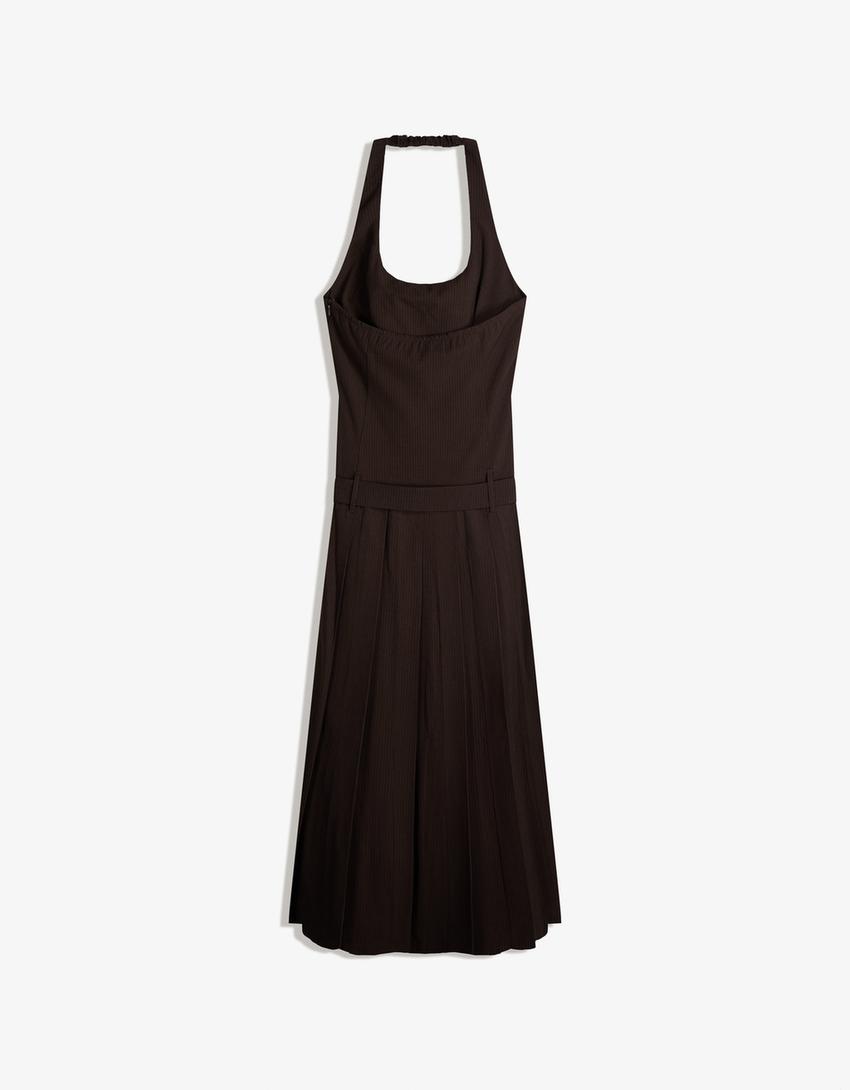 Halter mini dress with belt-Brown