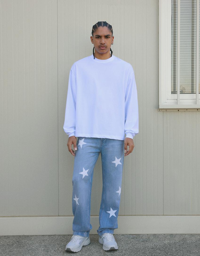 Jeans straight print-Azul lavado