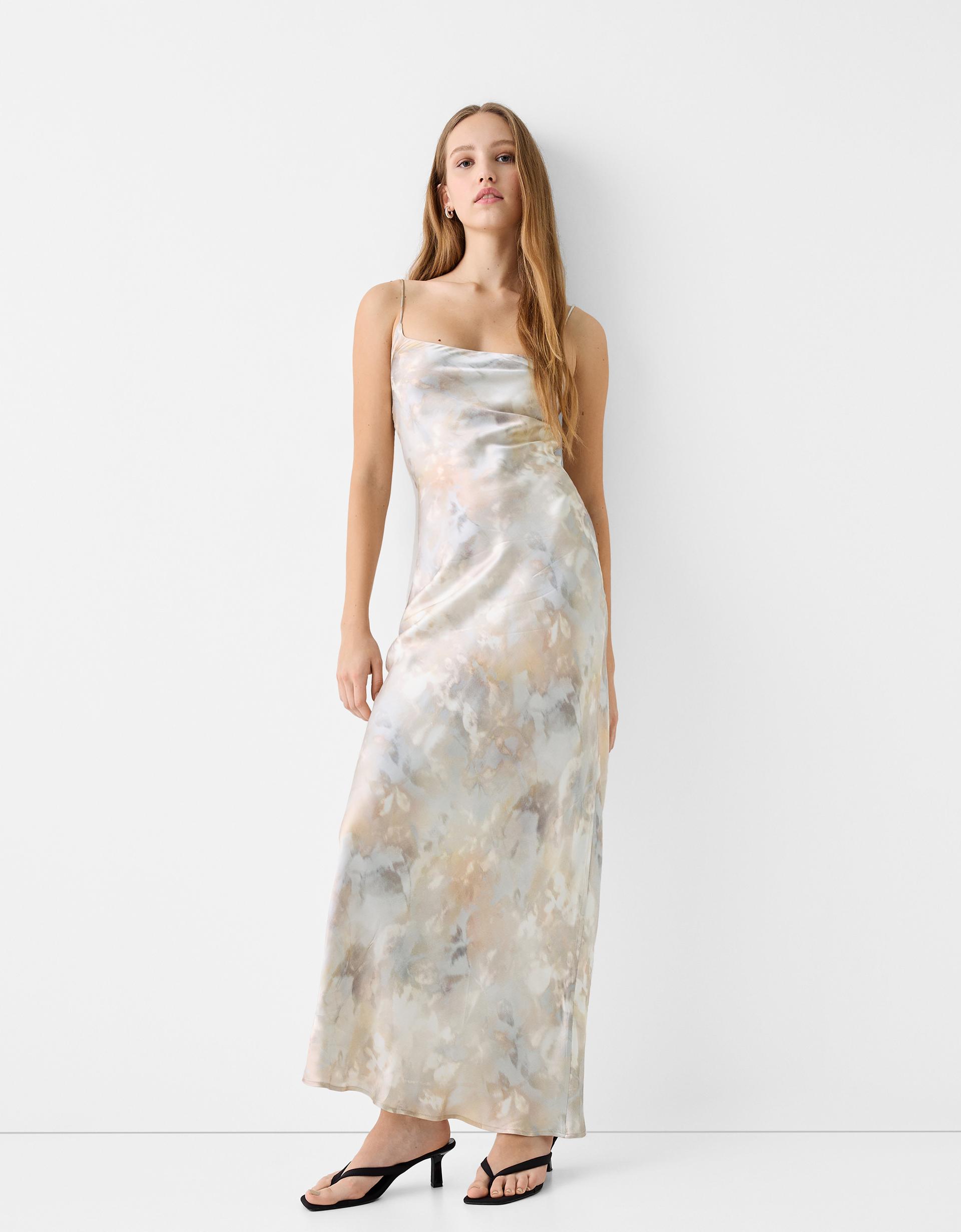 bershka satin midi dress Satin strappy midi dress - Women