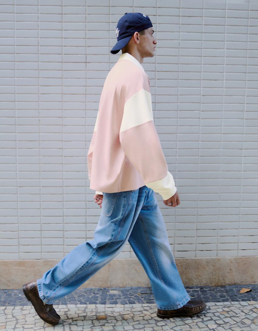 Baskılı uzun kollu polo sweatshirt-Pembe