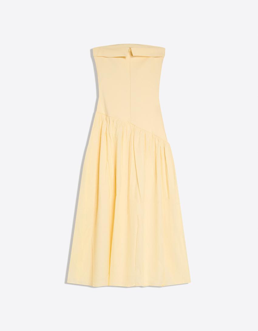 فستان ميدي بدون حمالات-أصفر